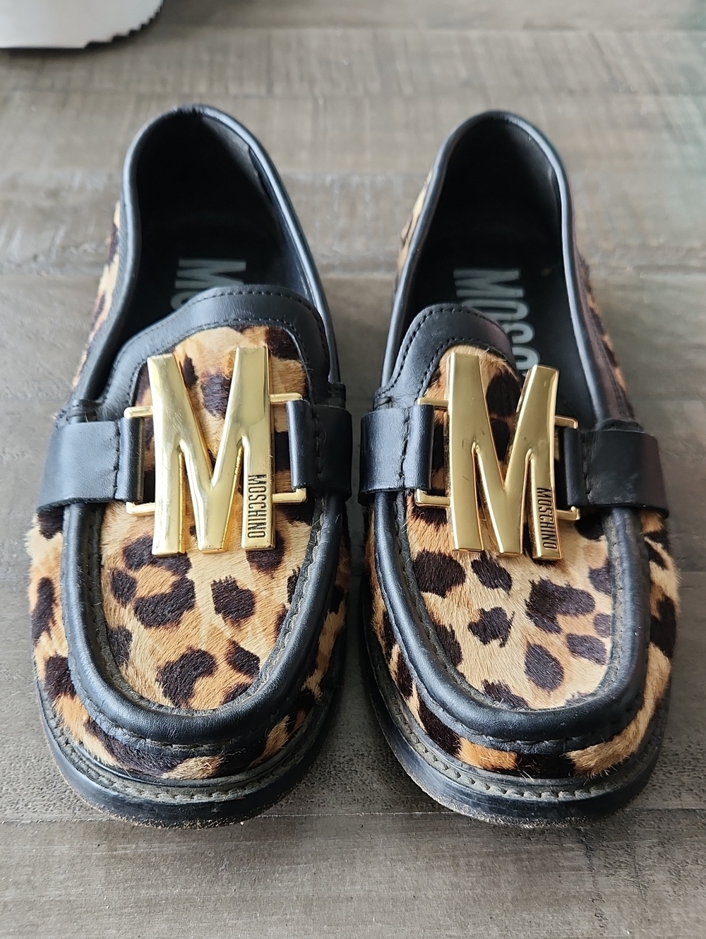 Moschino  Leopard Print Loafers with Gold 'M' Hardware - Brown/Black